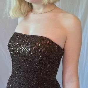 dark brown sequin bedazzled beaded gown